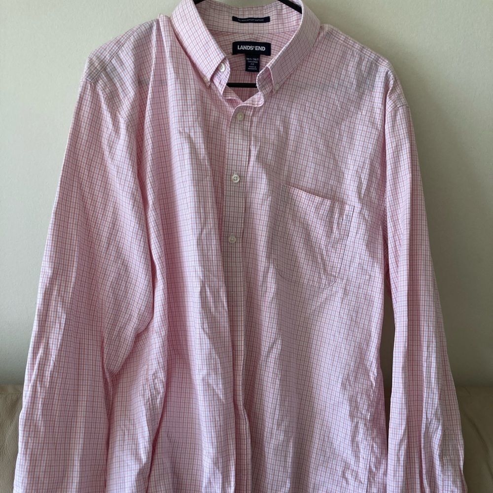 Mens Lands End Pink Striped Long Sleeve Dress Shirt